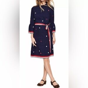BODEN Navy Armelle Red white blue dress with 3/4 sleeve and belted